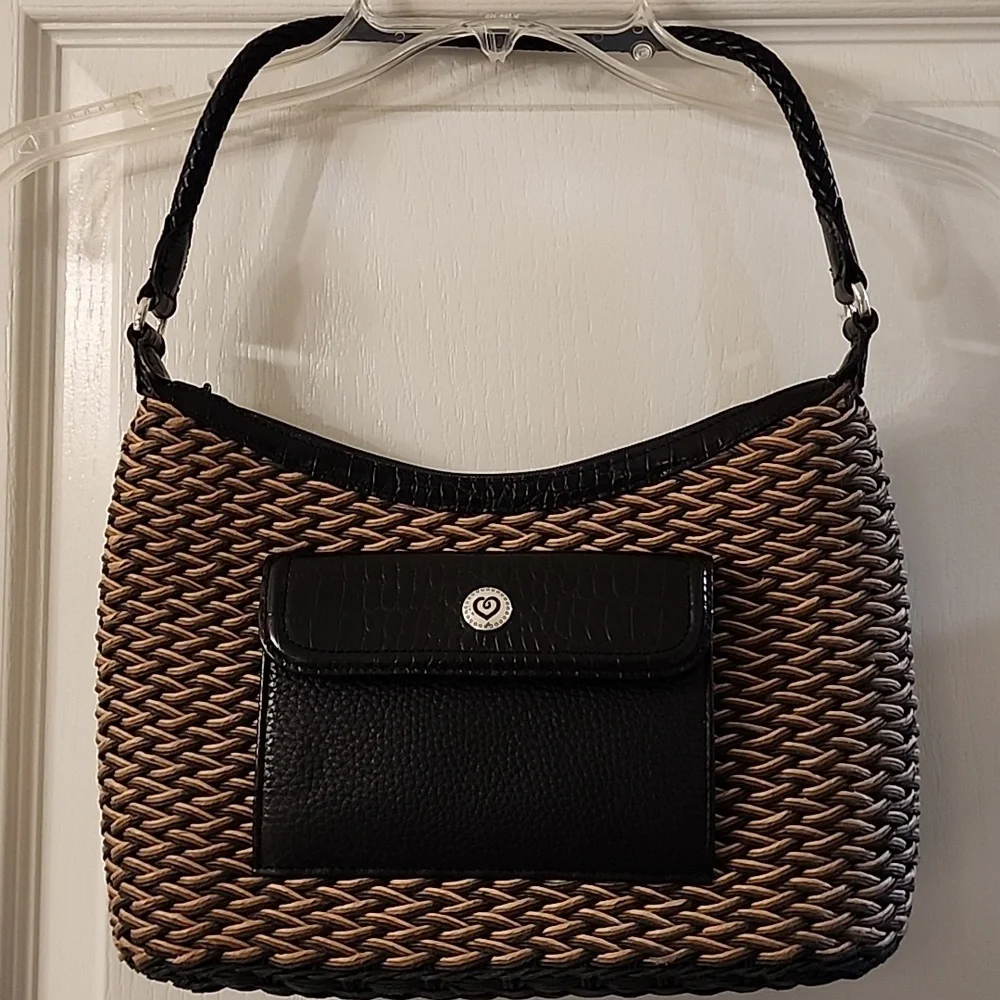 BRIGHTON Edna Black & Tan Woven Handbag with Black Leather Trim